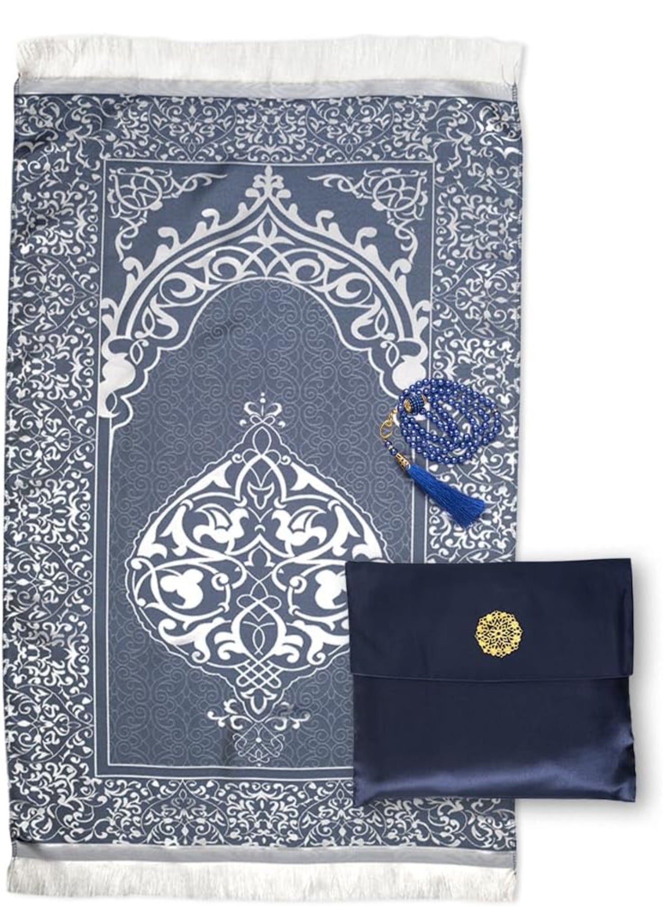 Prayer Set with Velvet Pouch, Turkish Design Prayer Mat,Prayer Beads